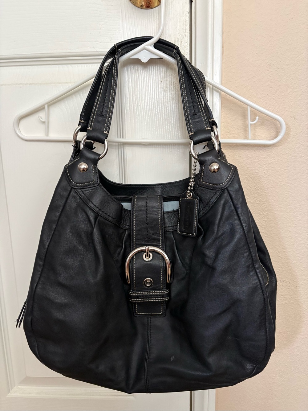 Coach Black Leather Hobo Shoulder Bag Silver Hardware Blue Lining
